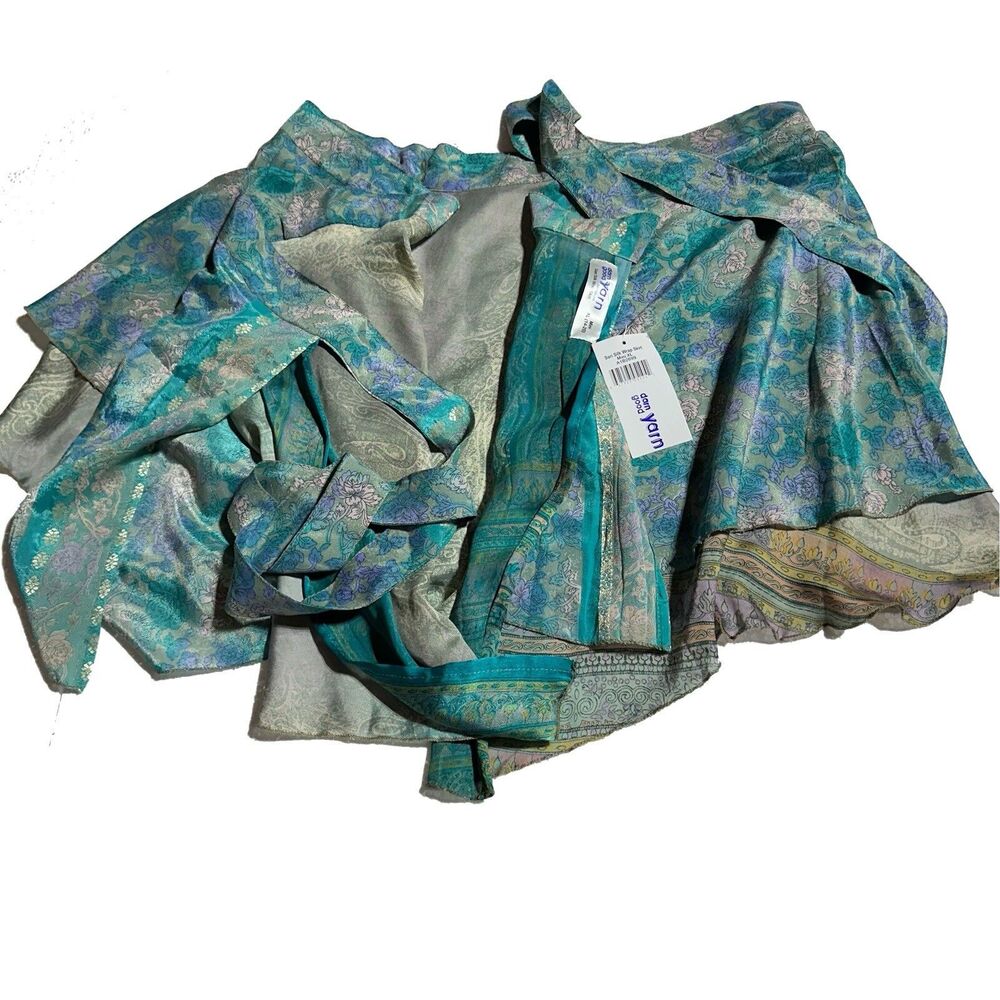 Darn Good Yarn Sari Silk Wrap Skirt Size XL Boho Mini Printed Layered NWT - Picture 2 of 7